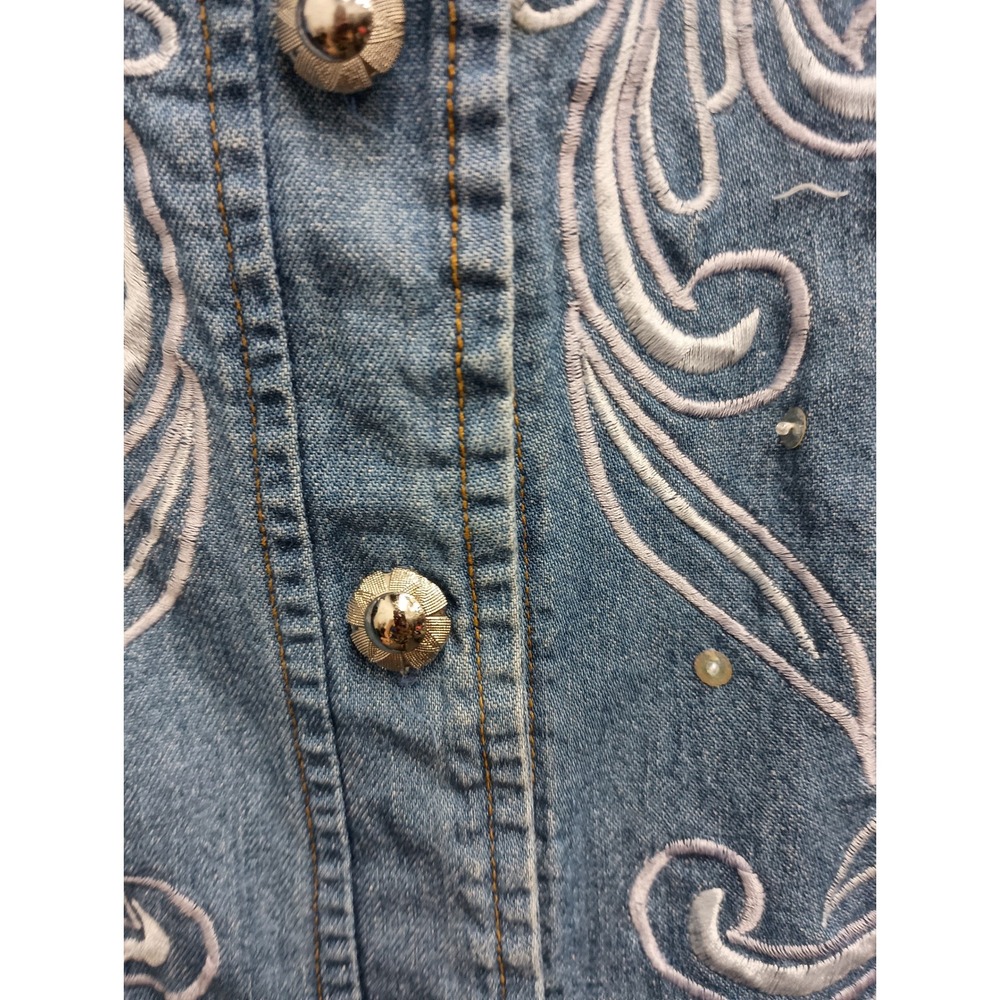 Vintage 90s Focus Denim Jacket Womens One Size Blue Embroidered Sequin Floral - Picture 6 of 9